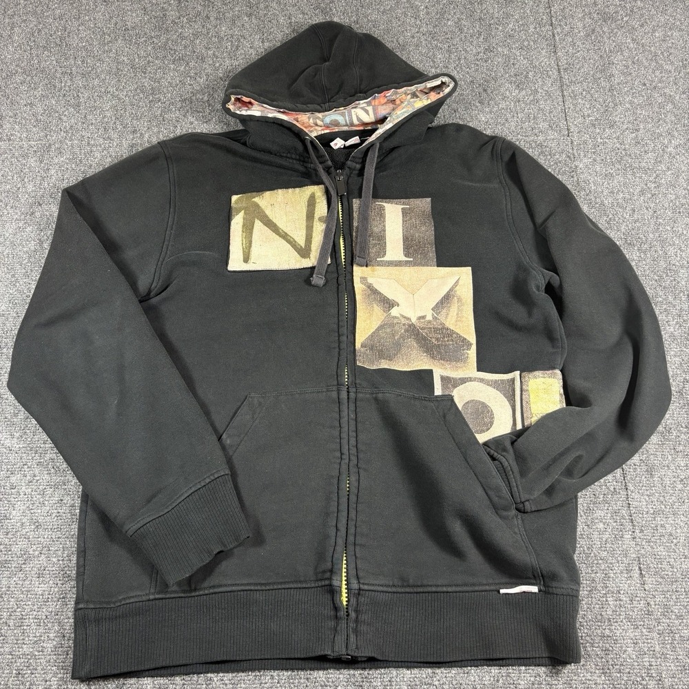 Vintage Y2K NIXON Men's Size Large Full Zip Hoodie Black Patchwork Mosaic Grunge